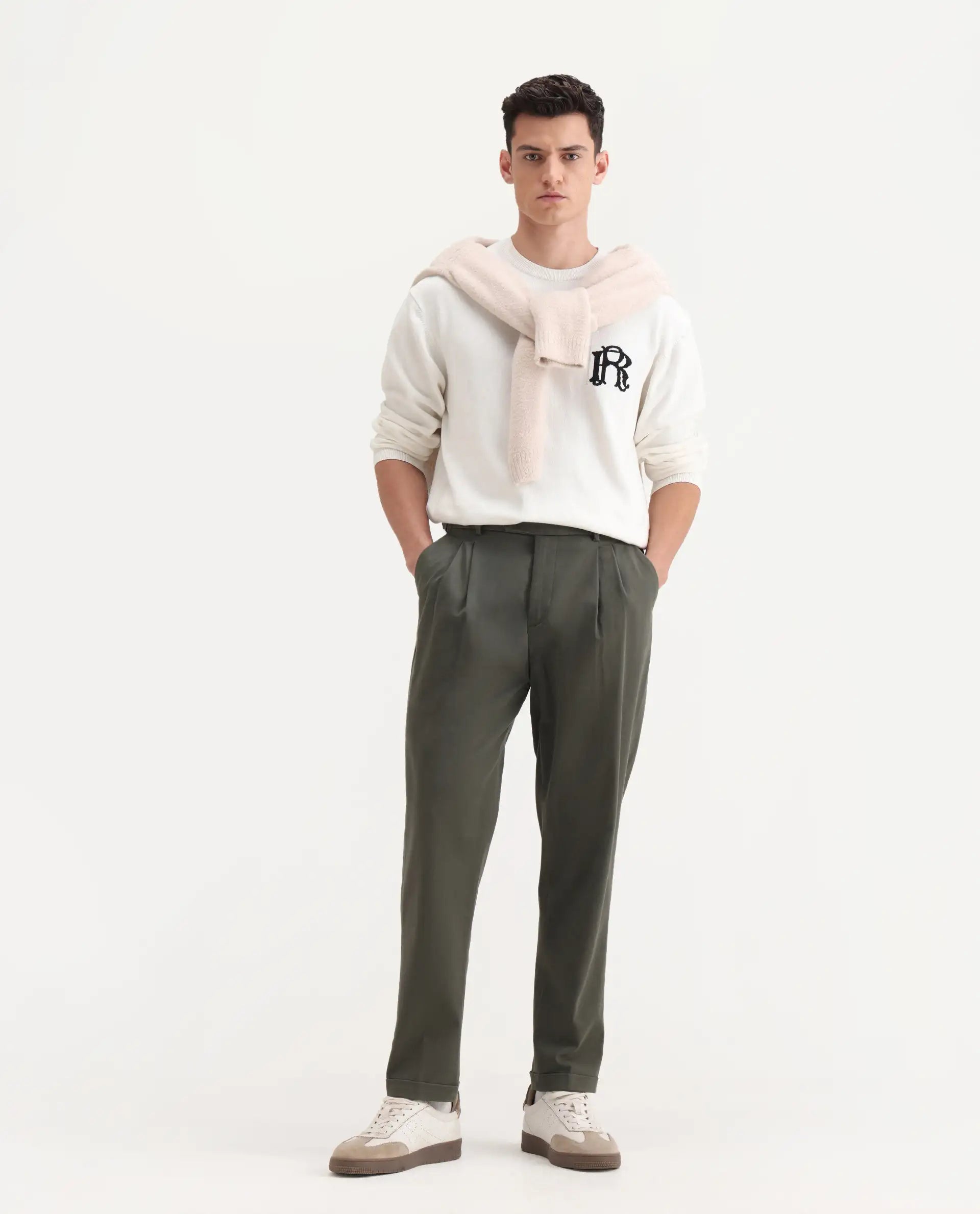 Rare Rabbit Men's Leni Olive Cotton Blend Plain Baggy Fit Trouser