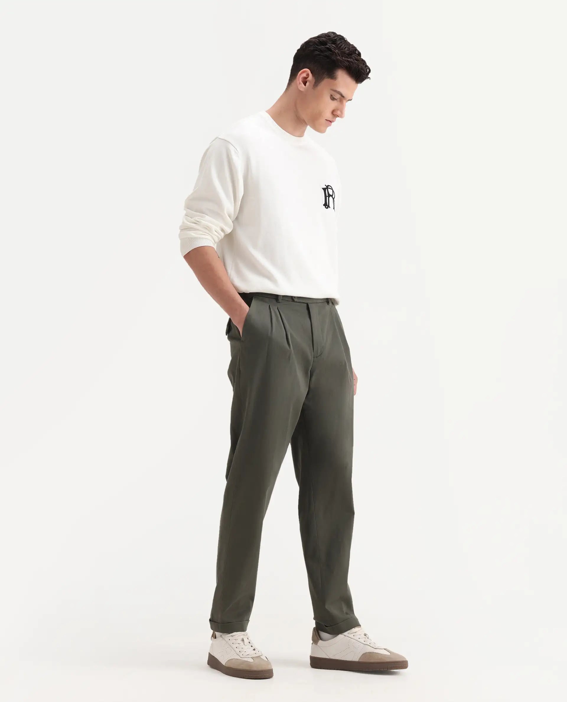 Rare Rabbit Men's Leni Olive Cotton Blend Plain Baggy Fit Trouser