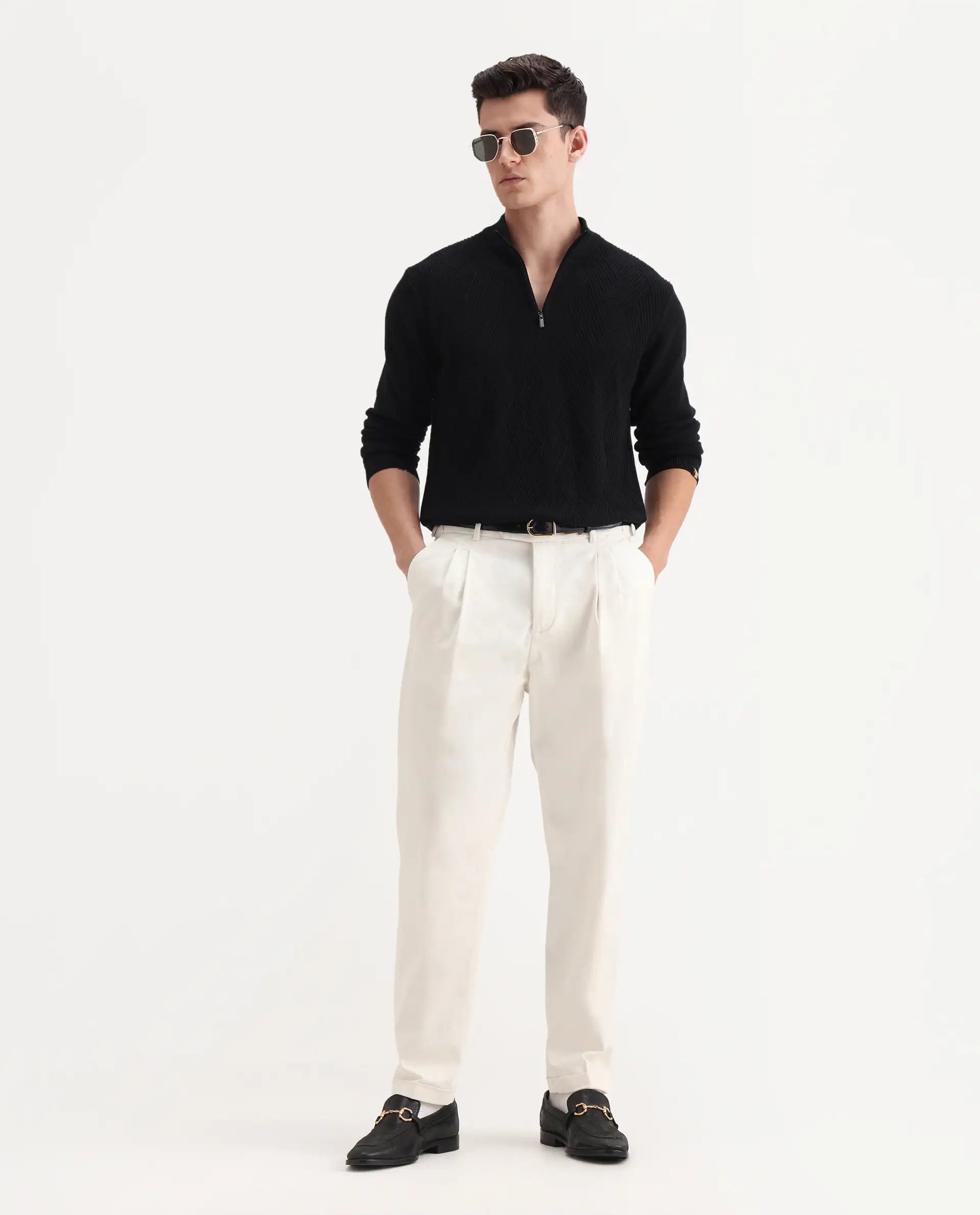 Rare Rabbit Men's Leni White Cotton Blend Plain Baggy Fit Trouser