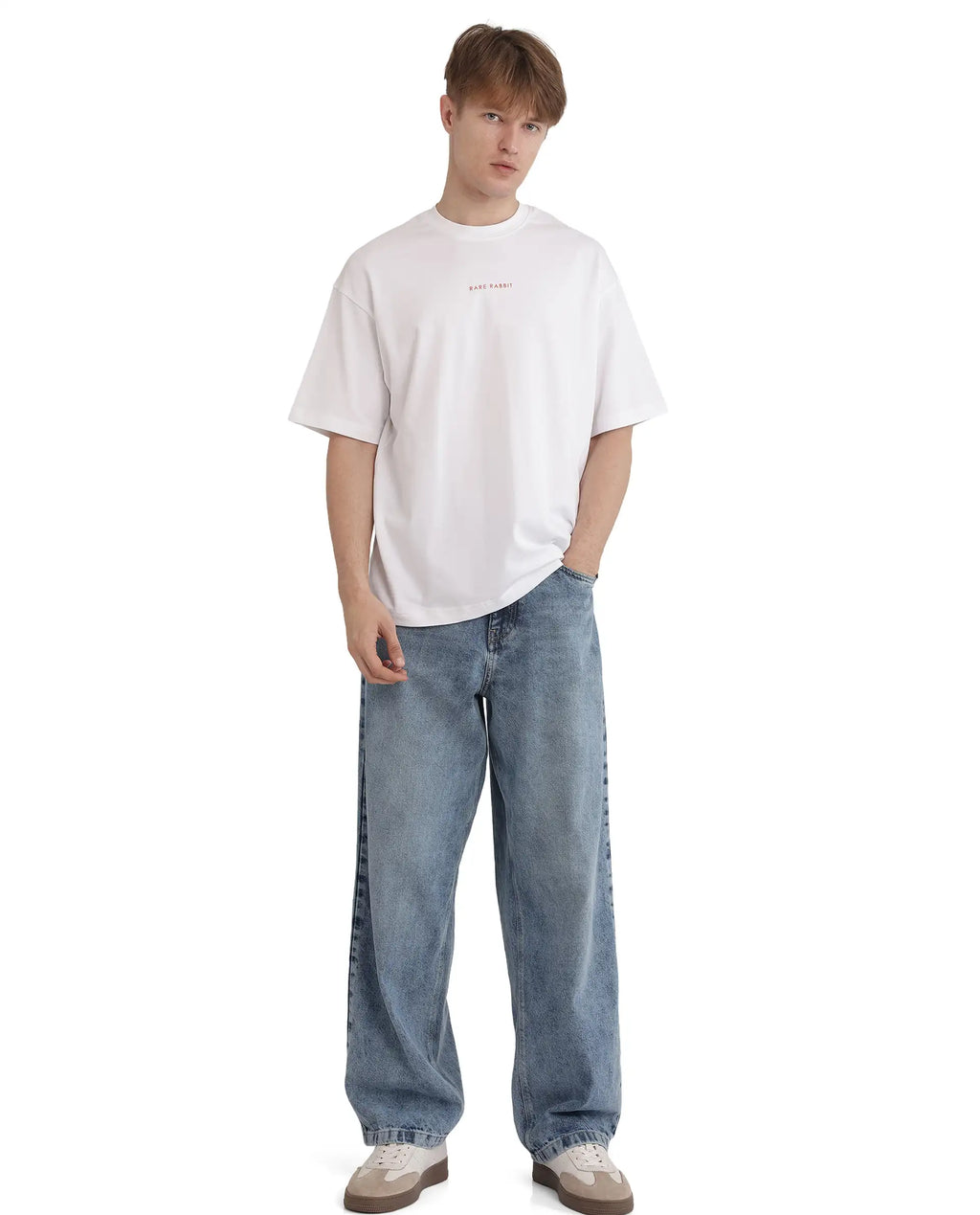 Rare Rabbit Men's Len White Cotton Typography Print Oversized Fit Half Sleeve Crew Neck T-Shirt