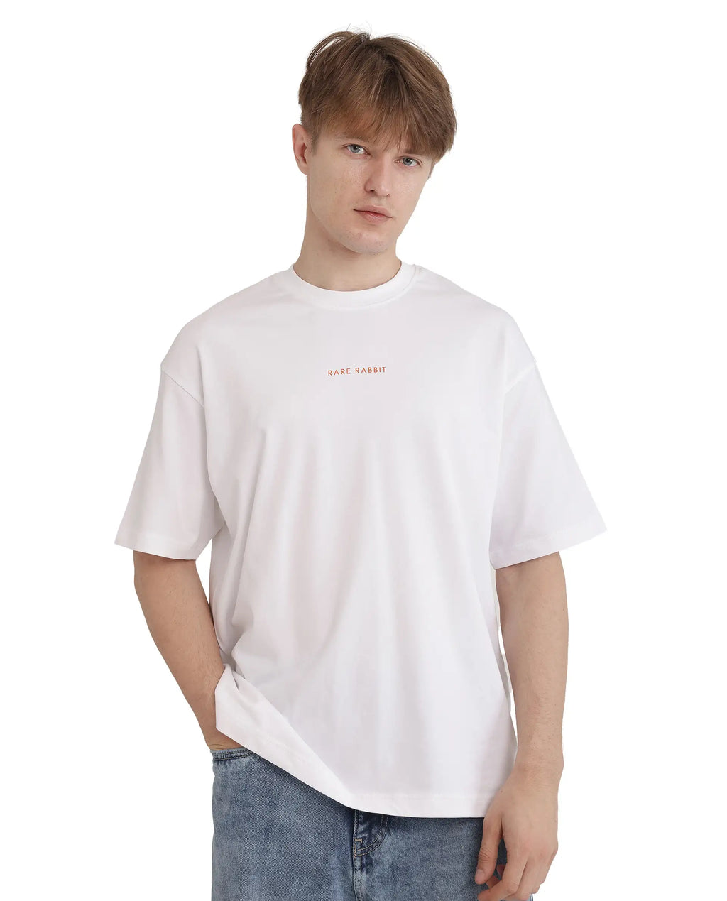Rare Rabbit Men's Len White Cotton Typography Print Oversized Fit Half Sleeve Crew Neck T-Shirt