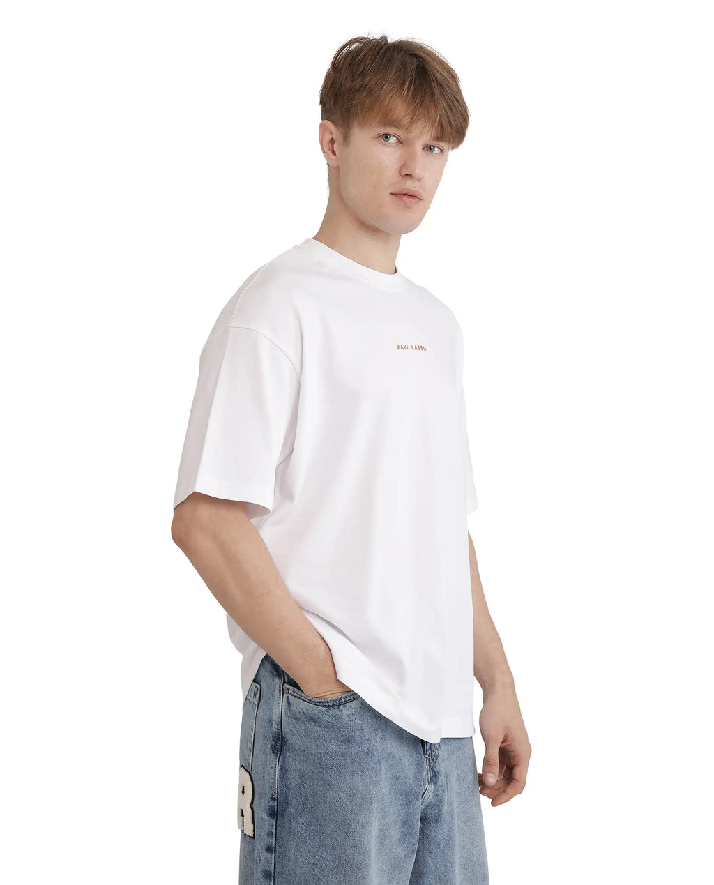 Rare Rabbit Men's Len White Cotton Typography Print Oversized Fit Half Sleeve Crew Neck T-Shirt