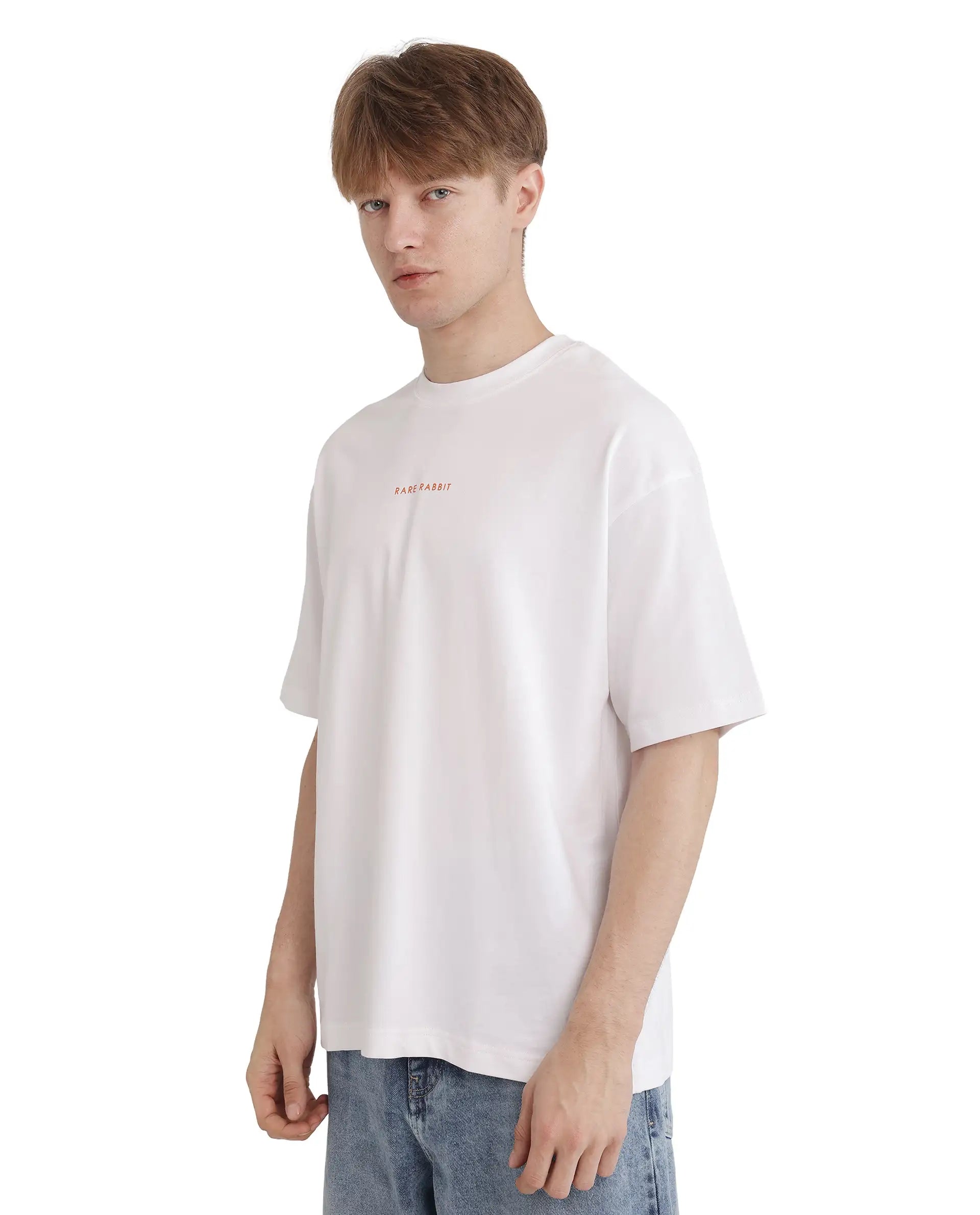 Rare Rabbit Men's Len White Cotton Typography Print Oversized Fit Half Sleeve Crew Neck T-Shirt