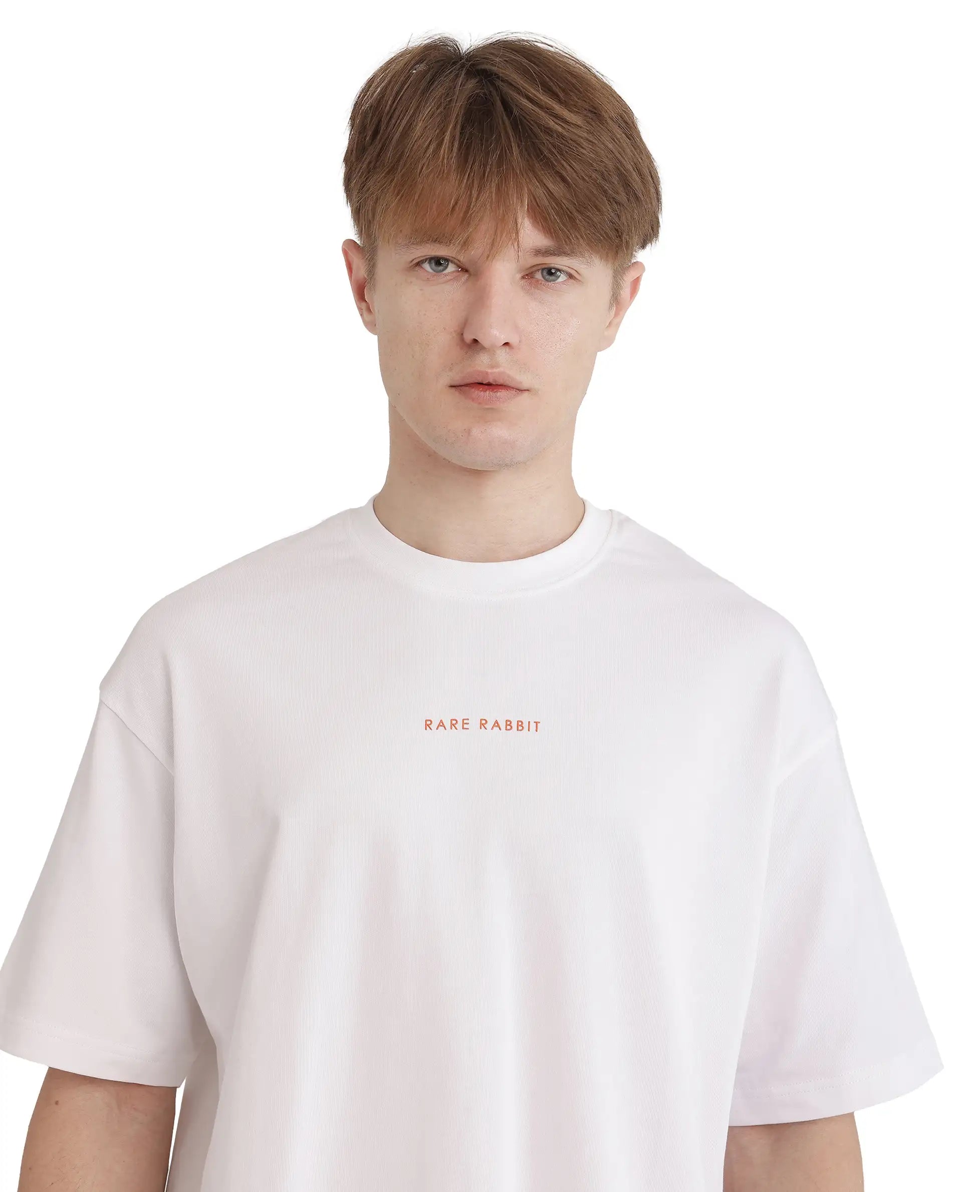 Rare Rabbit Men's Len White Cotton Typography Print Oversized Fit Half Sleeve Crew Neck T-Shirt
