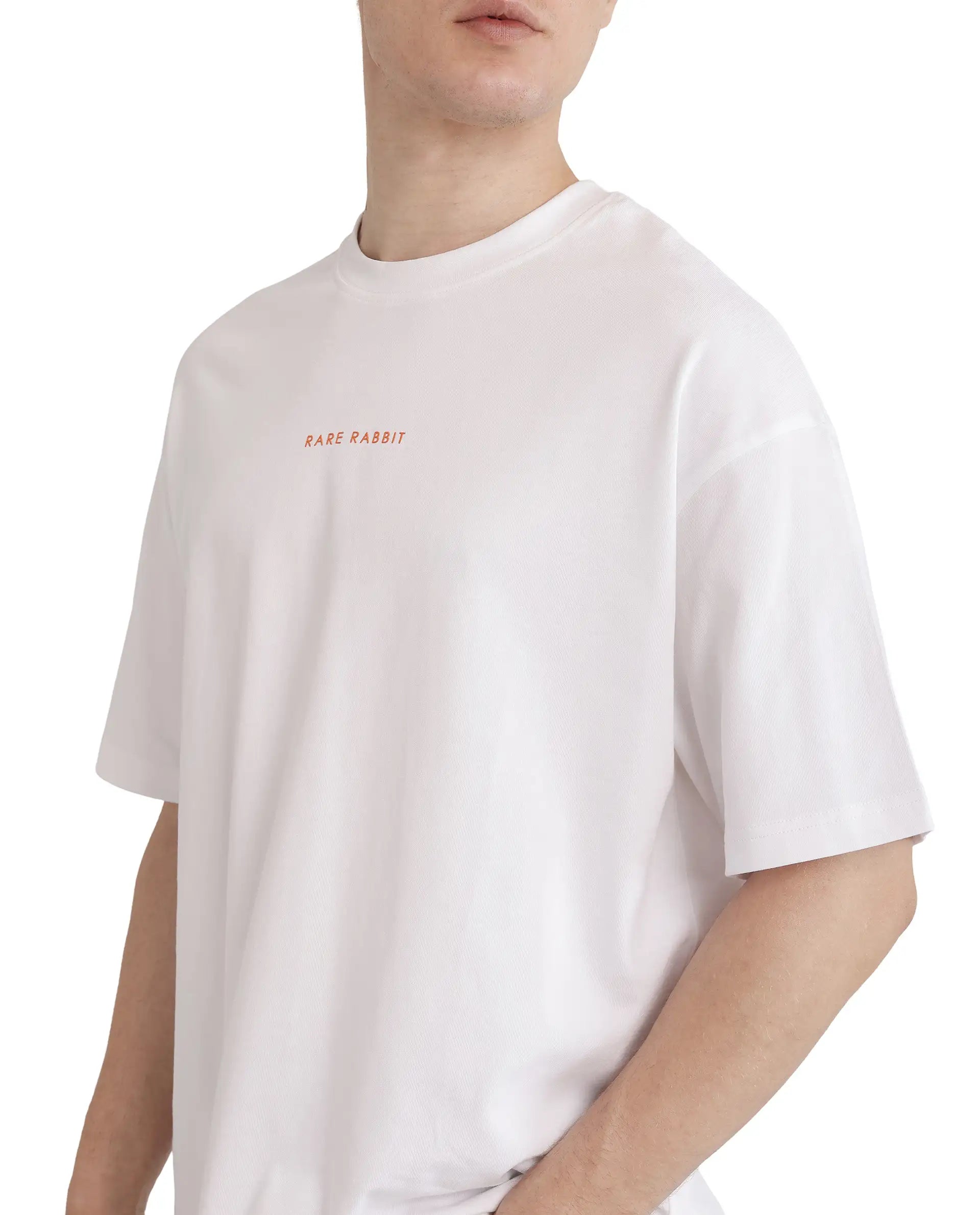 Rare Rabbit Men's Len White Cotton Typography Print Oversized Fit Half Sleeve Crew Neck T-Shirt