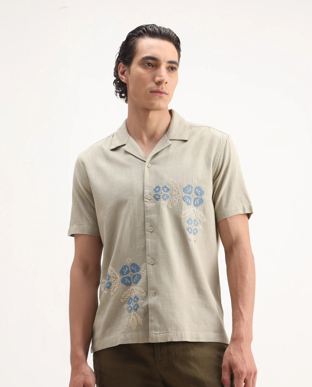 Rare Rabbit Men's Liam Olive Cotton Blend Embroidered Boxy Fit Half Sleeve Cuban Collar Shirt