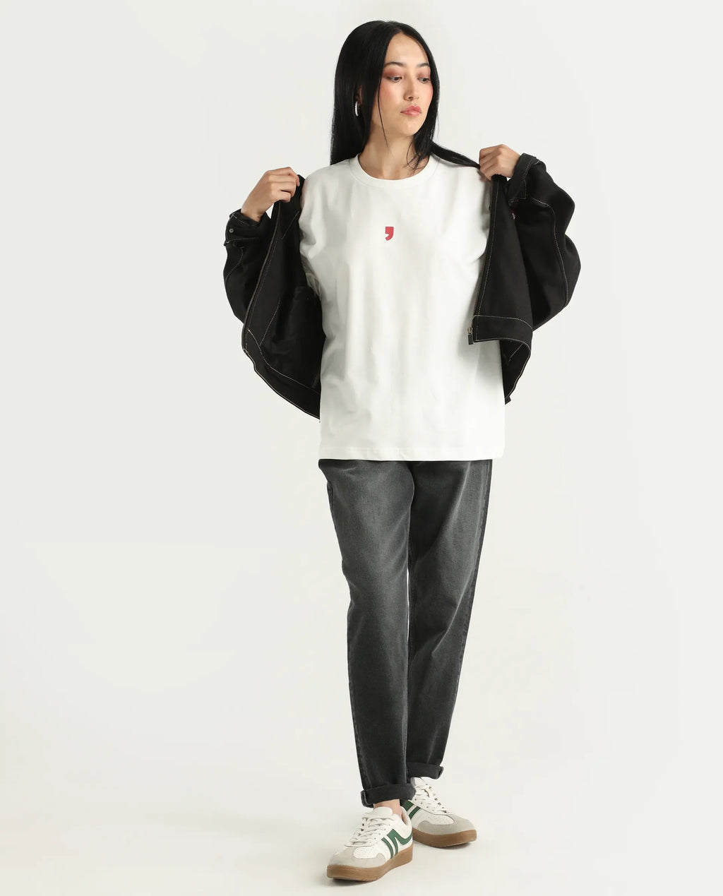 Rareism Women's Liche Off White Cotton Graphic Print Oversized T-Shirt