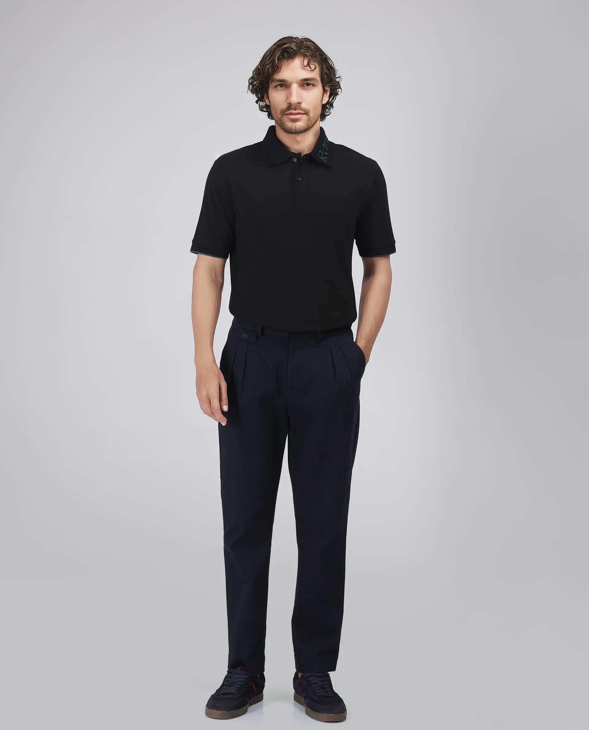 Rare Rabbit Men's Limo Black Cotton Embroidered Regular Fit Half Sleeve Polo
