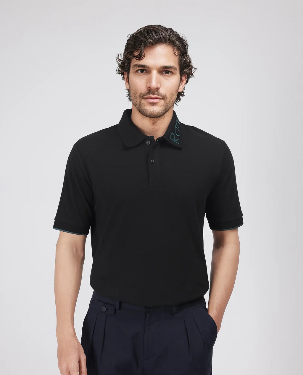 Rare Rabbit Men's Limo Black Cotton Embroidered Regular Fit Half Sleeve Polo