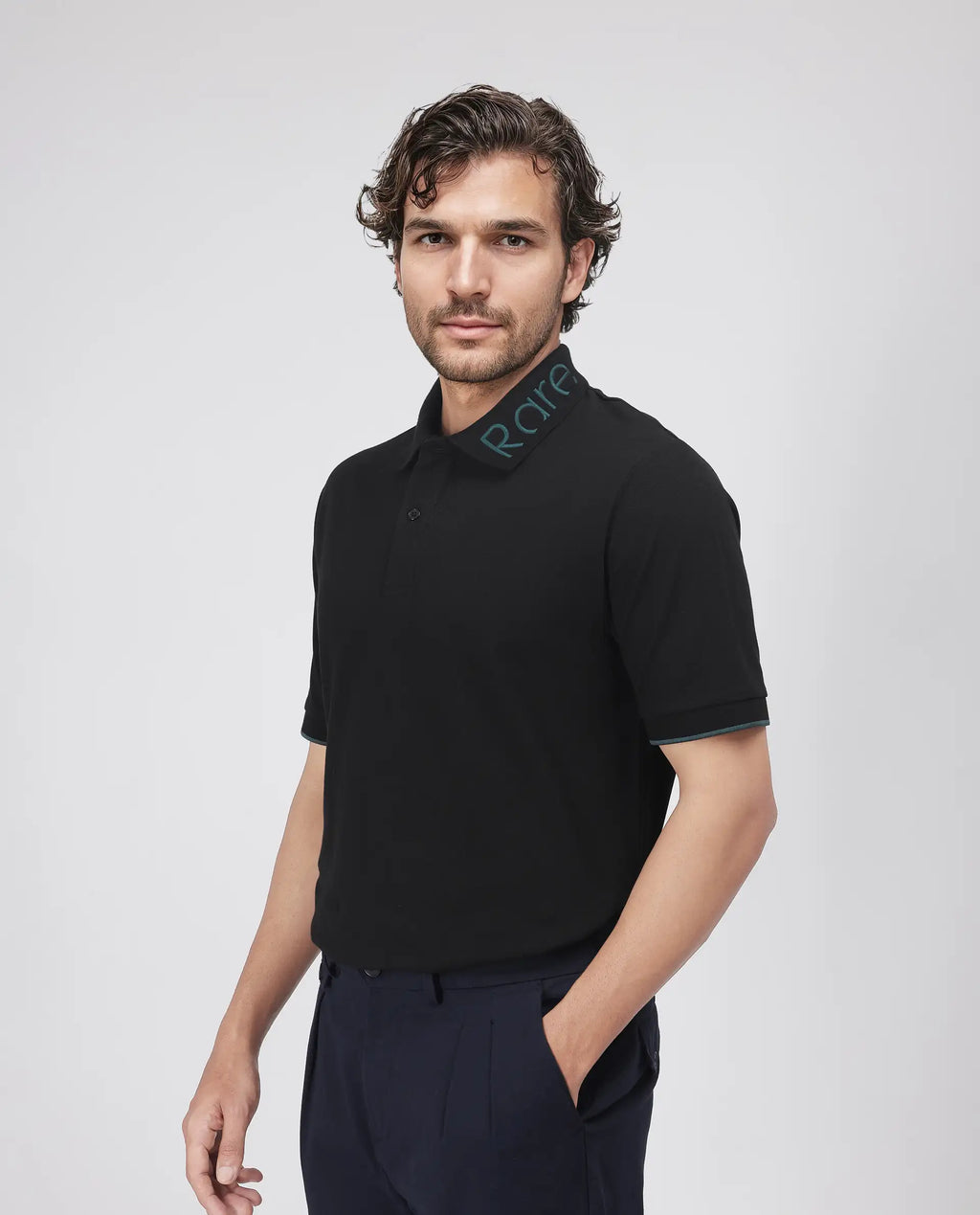 Rare Rabbit Men's Limo Black Cotton Embroidered Regular Fit Half Sleeve Polo