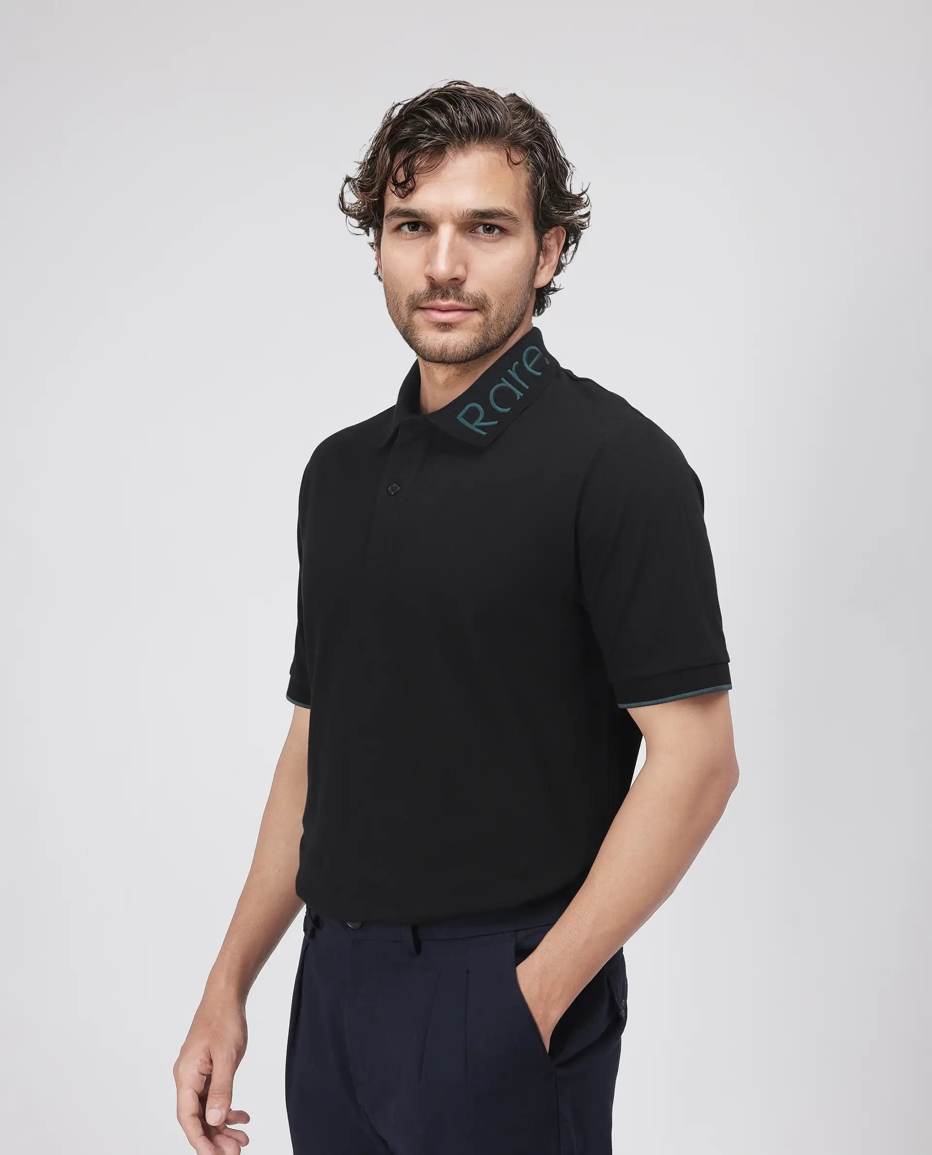 Rare Rabbit Men's Limo Black Cotton Embroidered Regular Fit Half Sleeve Polo