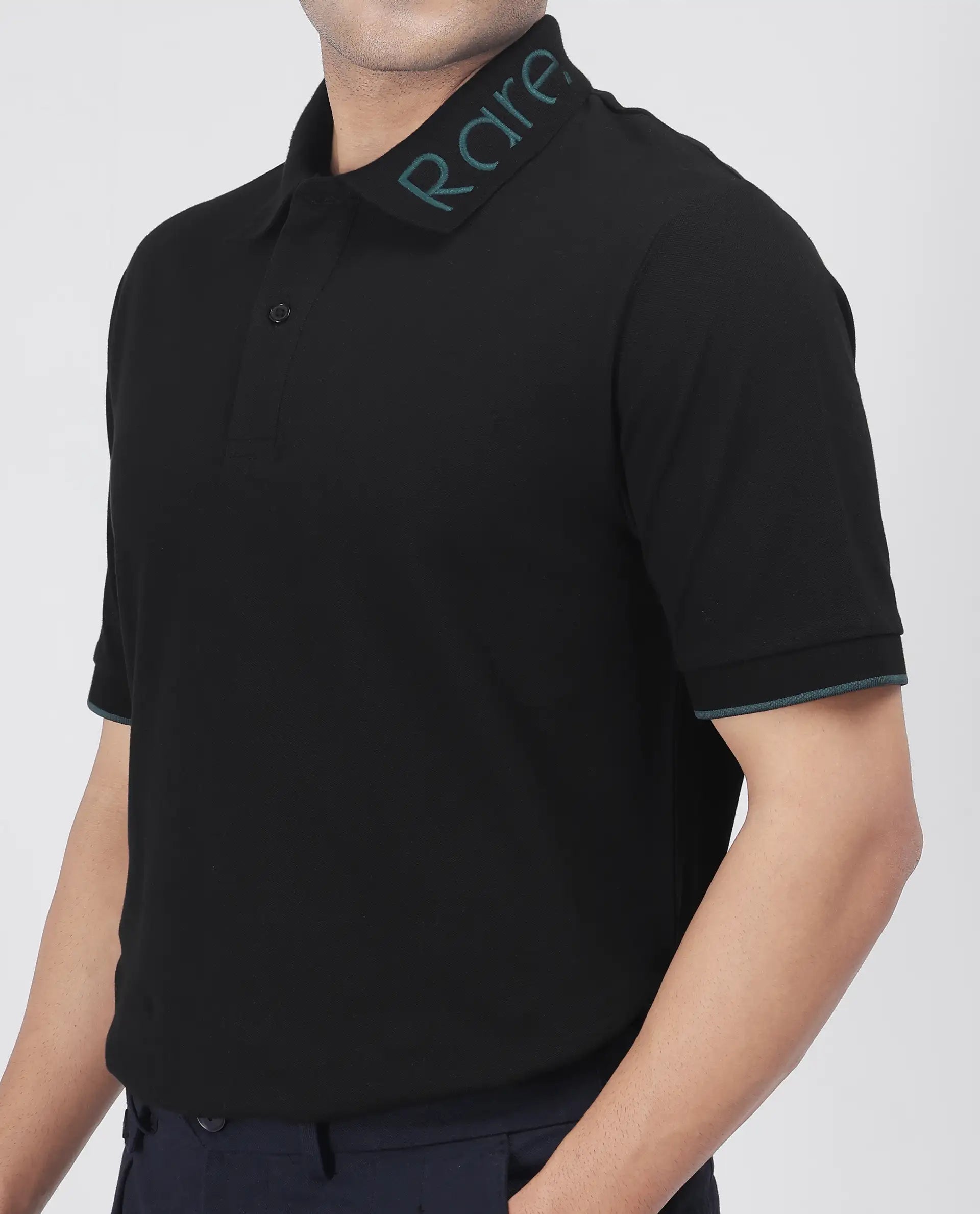 Rare Rabbit Men's Limo Black Cotton Embroidered Regular Fit Half Sleeve Polo