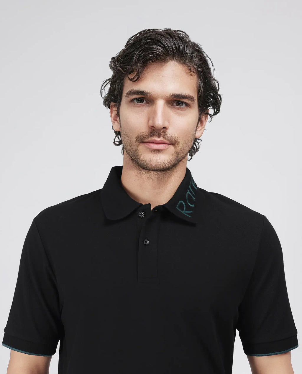 Rare Rabbit Men's Limo Black Cotton Embroidered Regular Fit Half Sleeve Polo