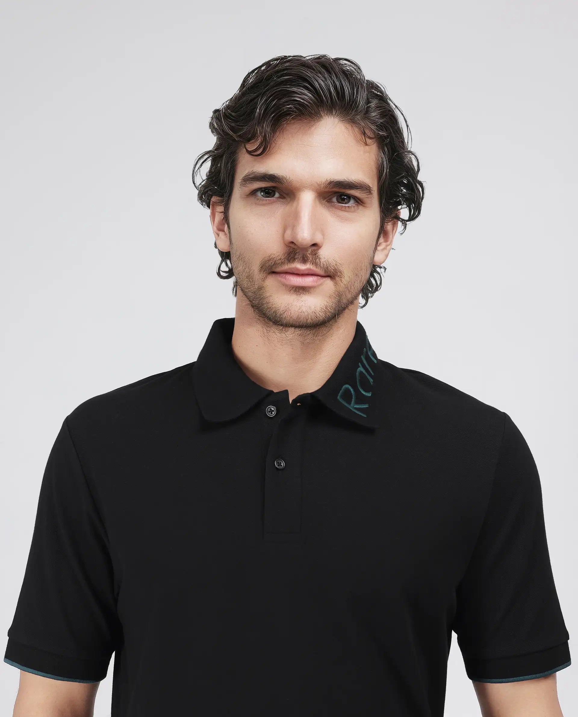 Rare Rabbit Men's Limo Black Cotton Embroidered Regular Fit Half Sleeve Polo