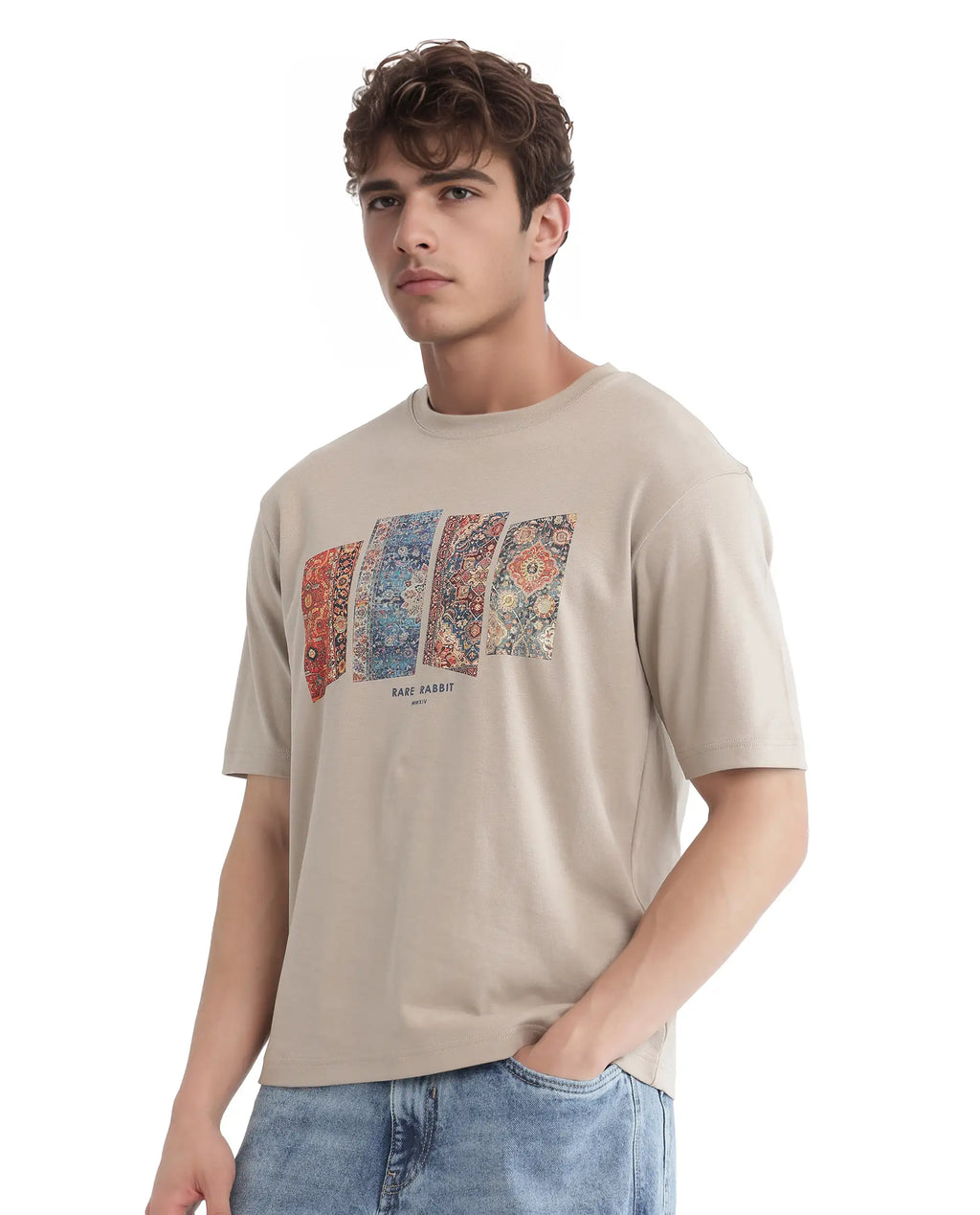 Rare Rabbit Men's Lino Dusky Beige Cotton Graphic Print Qlo Fit Half Sleeve Crew Neck T-Shirt