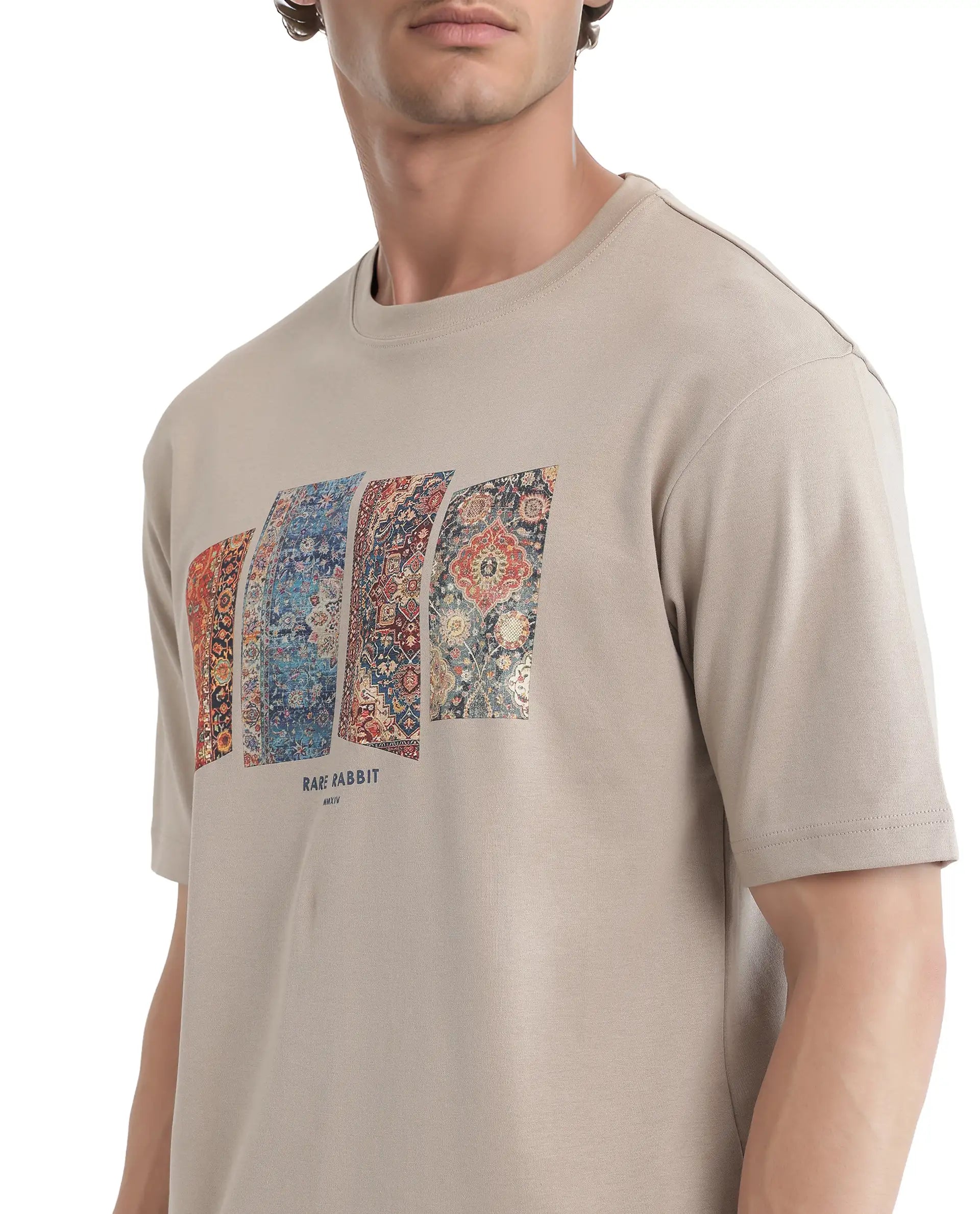 Rare Rabbit Men's Lino Dusky Beige Cotton Graphic Print Qlo Fit Half Sleeve Crew Neck T-Shirt