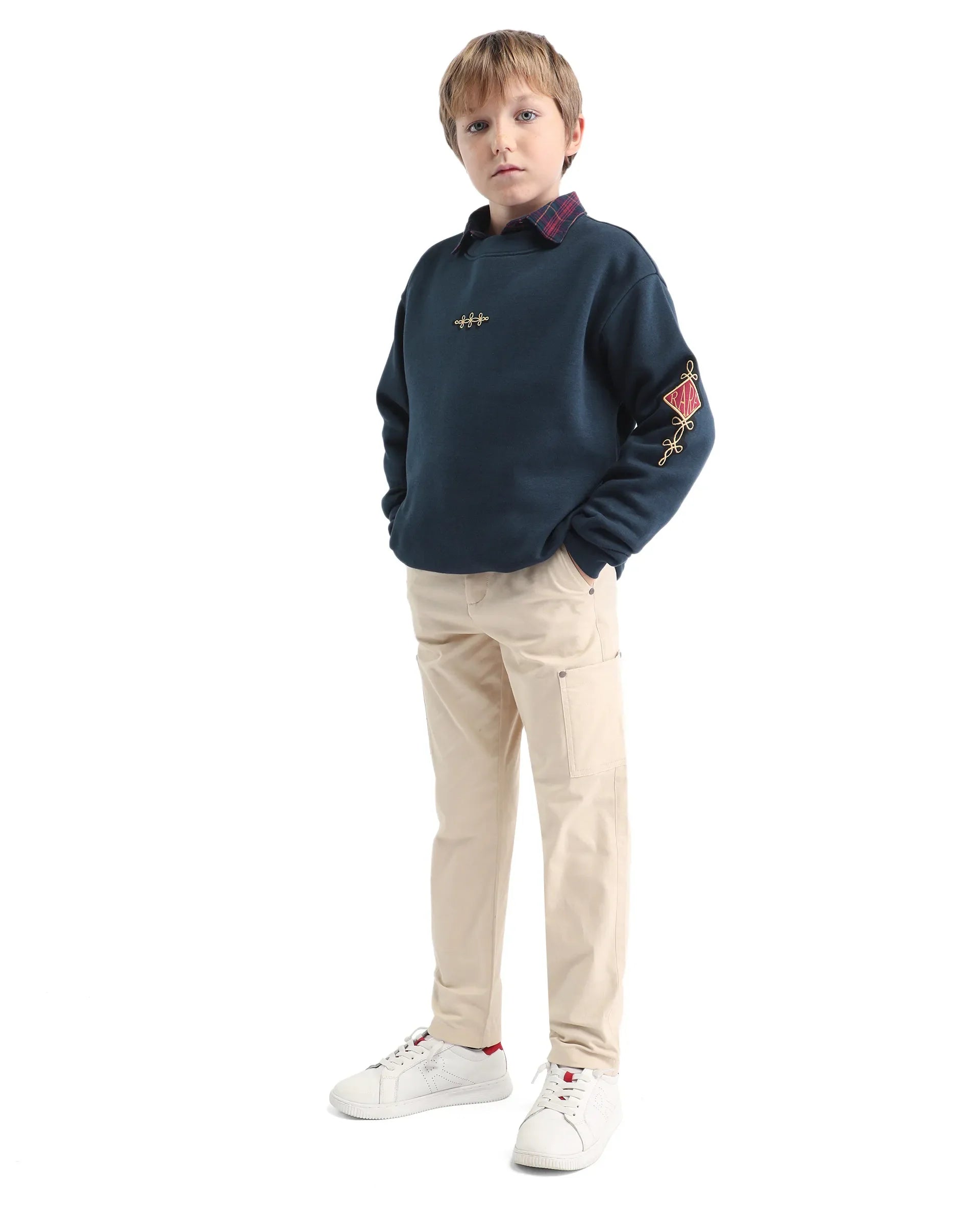 Rare Ones Kids Logan Navy Cotton Blend Pull-On Closure Solid Full Sleeves Oversized Sweatshirt