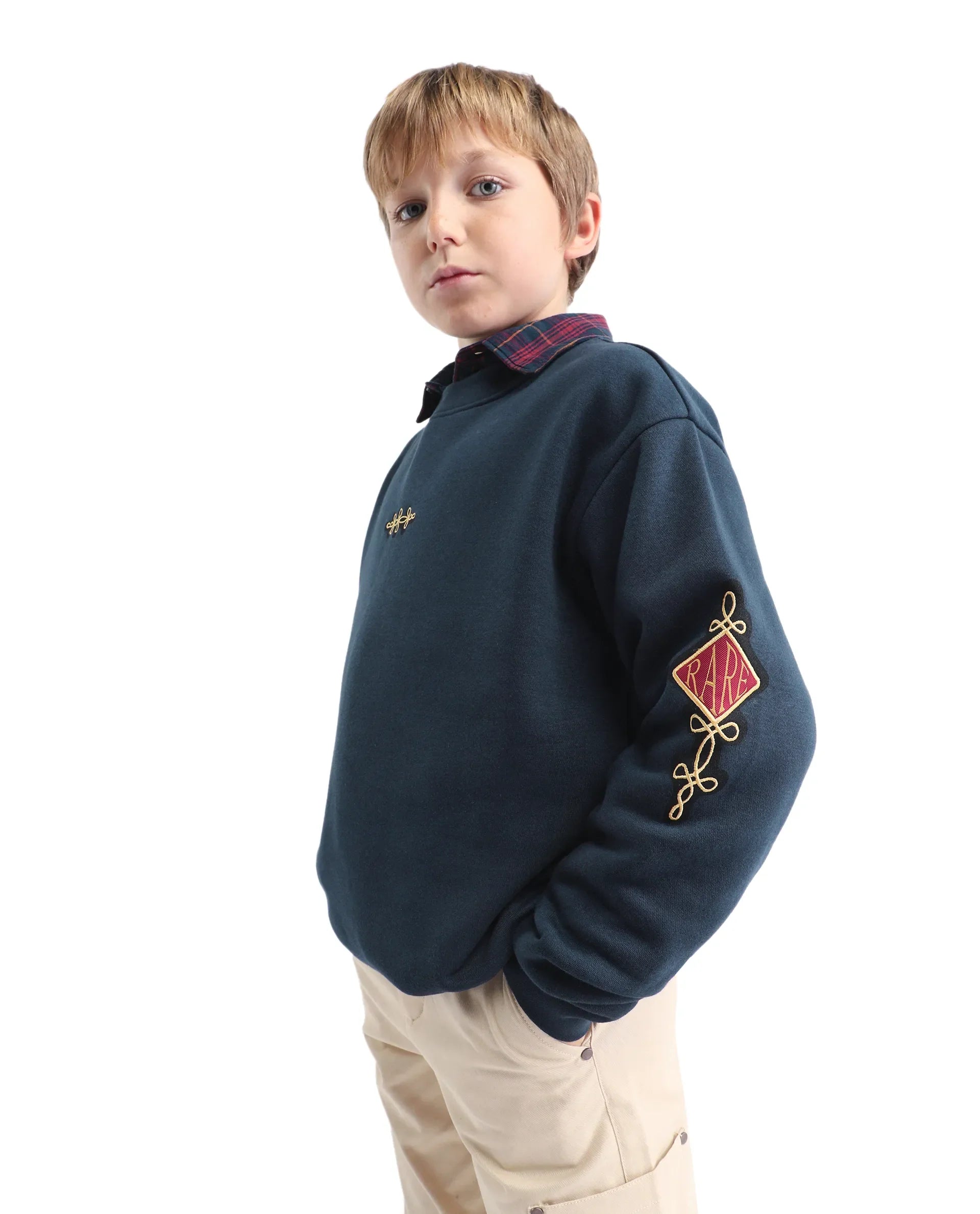 Rare Ones Kids Logan Navy Cotton Blend Pull-On Closure Solid Full Sleeves Oversized Sweatshirt