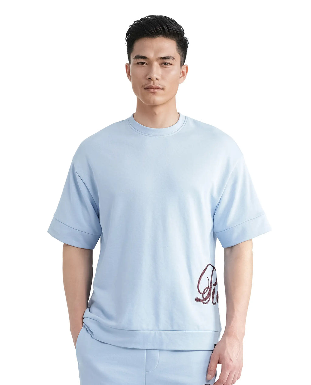 Rare Rabbit Men's Loit Light Blue Cotton Blend Embroidered Oversized Fit Half Sleeve Crew Neck T-Shirt