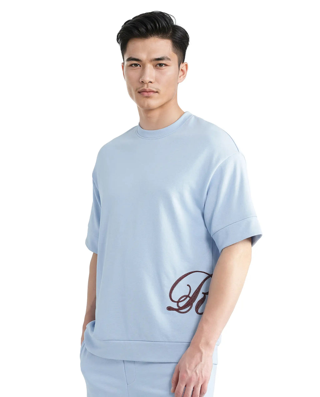 Rare Rabbit Men's Loit Light Blue Cotton Blend Embroidered Oversized Fit Half Sleeve Crew Neck T-Shirt