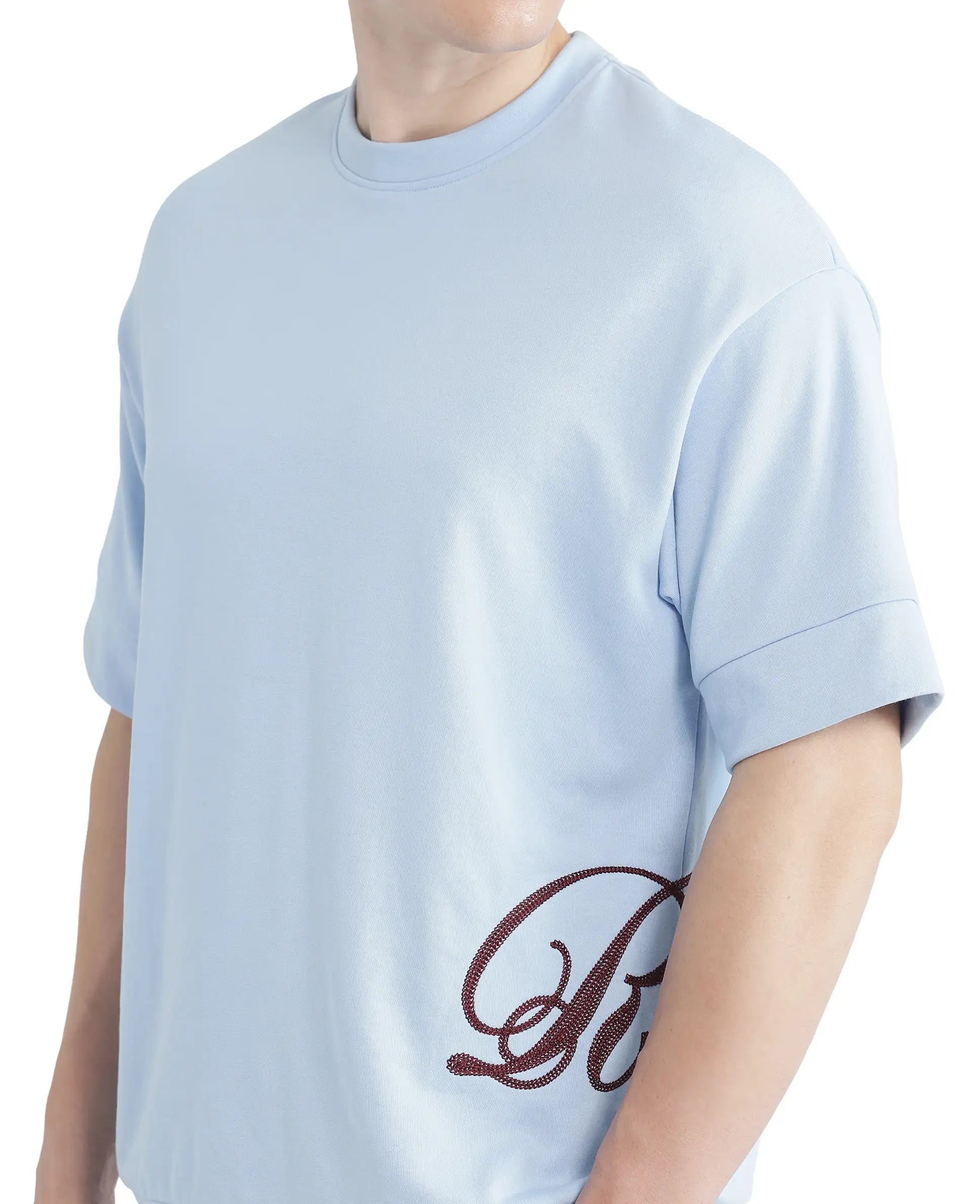 Rare Rabbit Men's Loit Light Blue Cotton Blend Embroidered Oversized Fit Half Sleeve Crew Neck T-Shirt