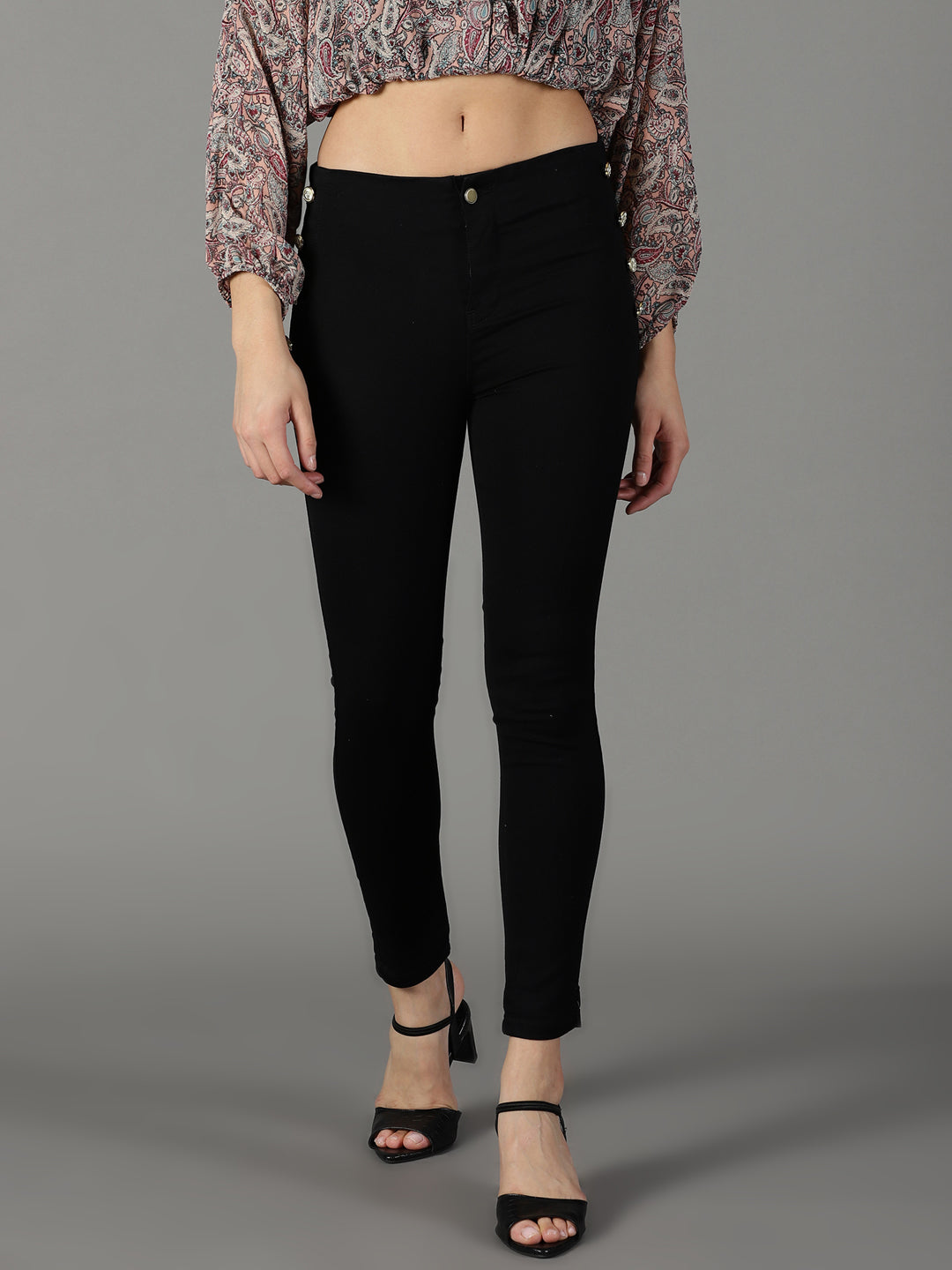 Women's Black Slim Fit High-Rise Slash Knee Acid Wash Stretchable Cotton Jeans