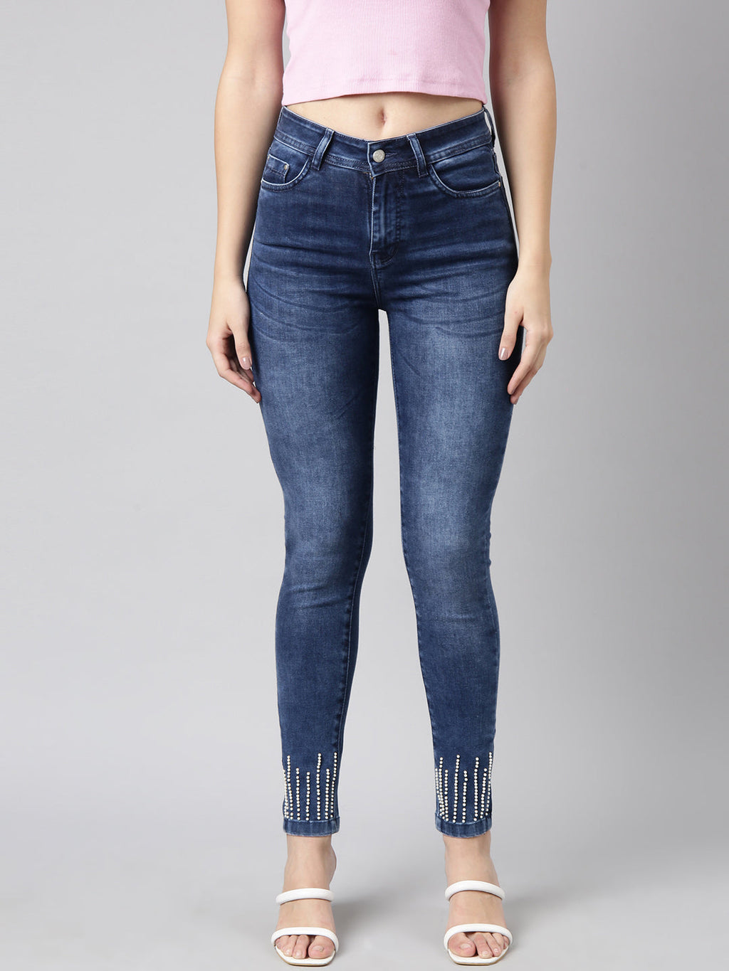 Women's Navy Blue Skinny Fit Light Fade Embellished Jeans