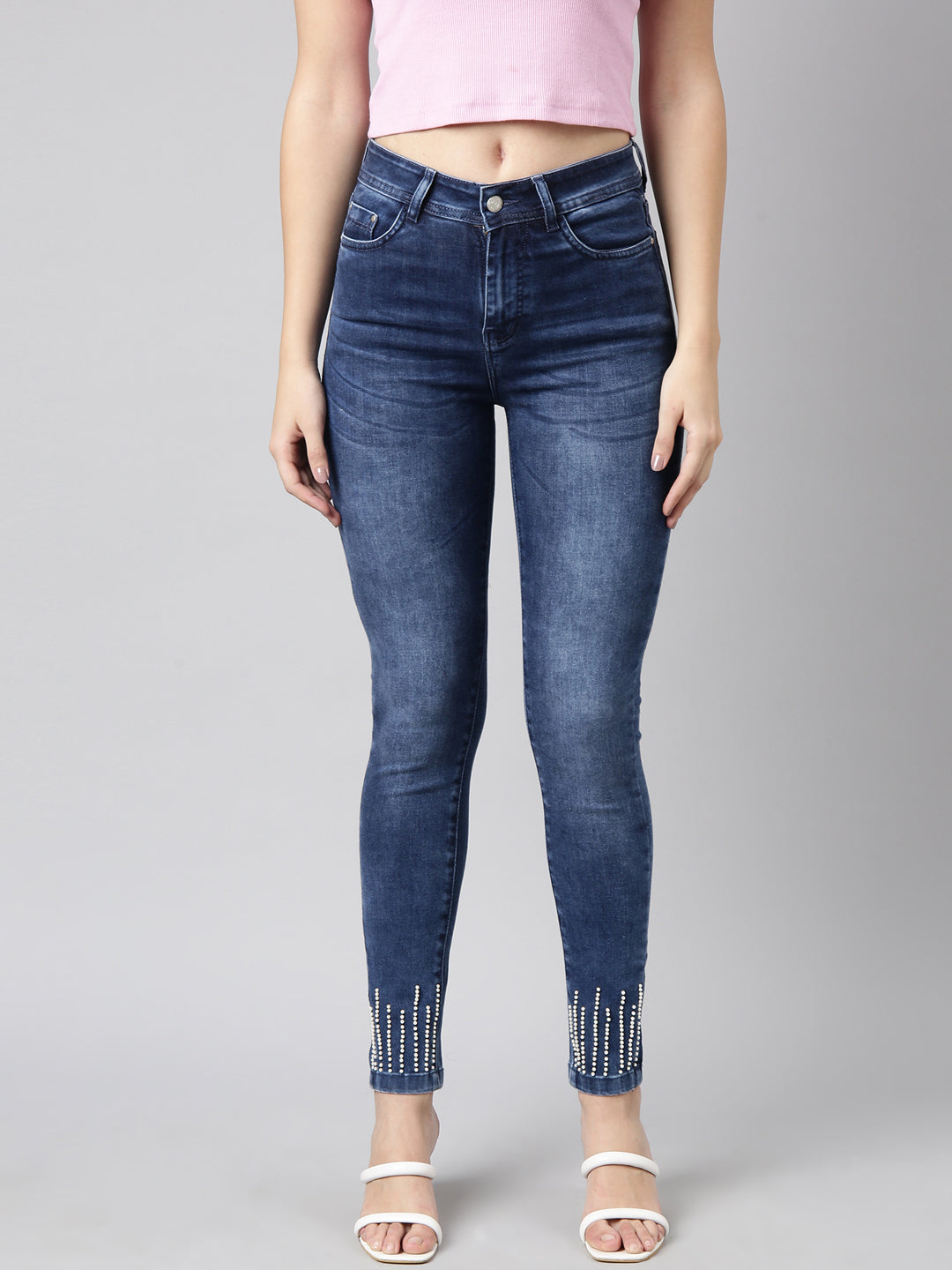 Women's Navy Blue Skinny Fit Light Fade Embellished Jeans