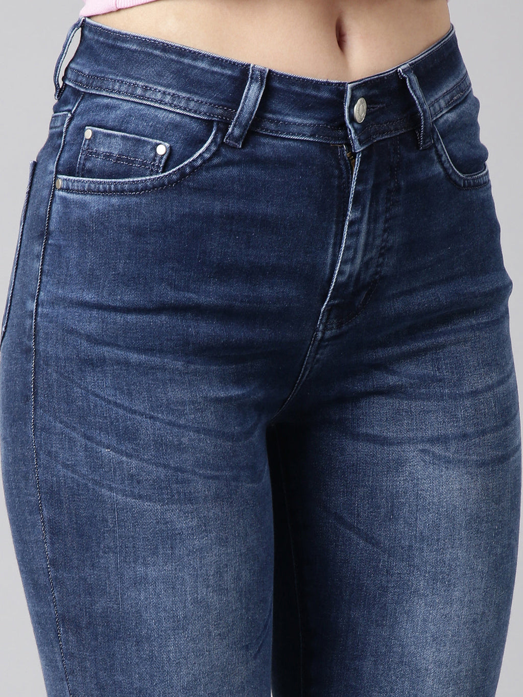 Women's Navy Blue Skinny Fit Light Fade Embellished Jeans