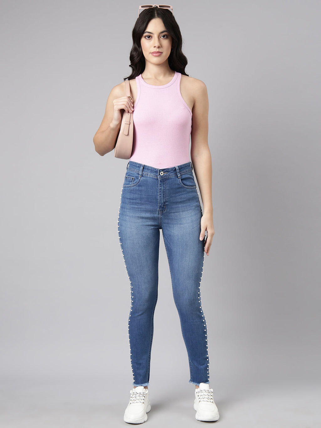 Women's Blue Skinny Fit Light Fade Embellished Stretchable Jeans