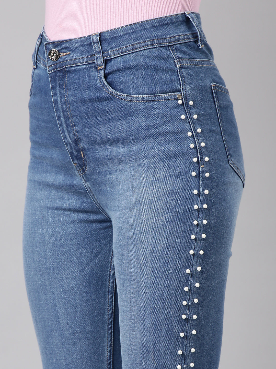 Women's Blue Skinny Fit Light Fade Embellished Stretchable Jeans