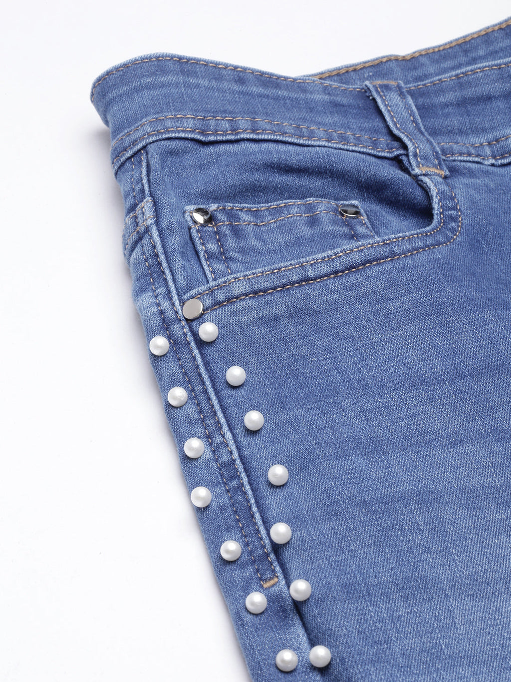 Women's Blue Skinny Fit Light Fade Embellished Stretchable Jeans