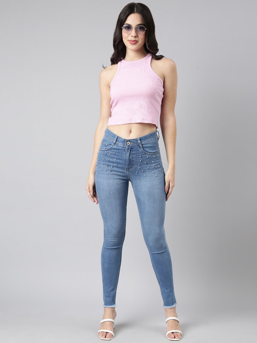 Women's Blue Skinny Fit Light Fade Embellished Jeans