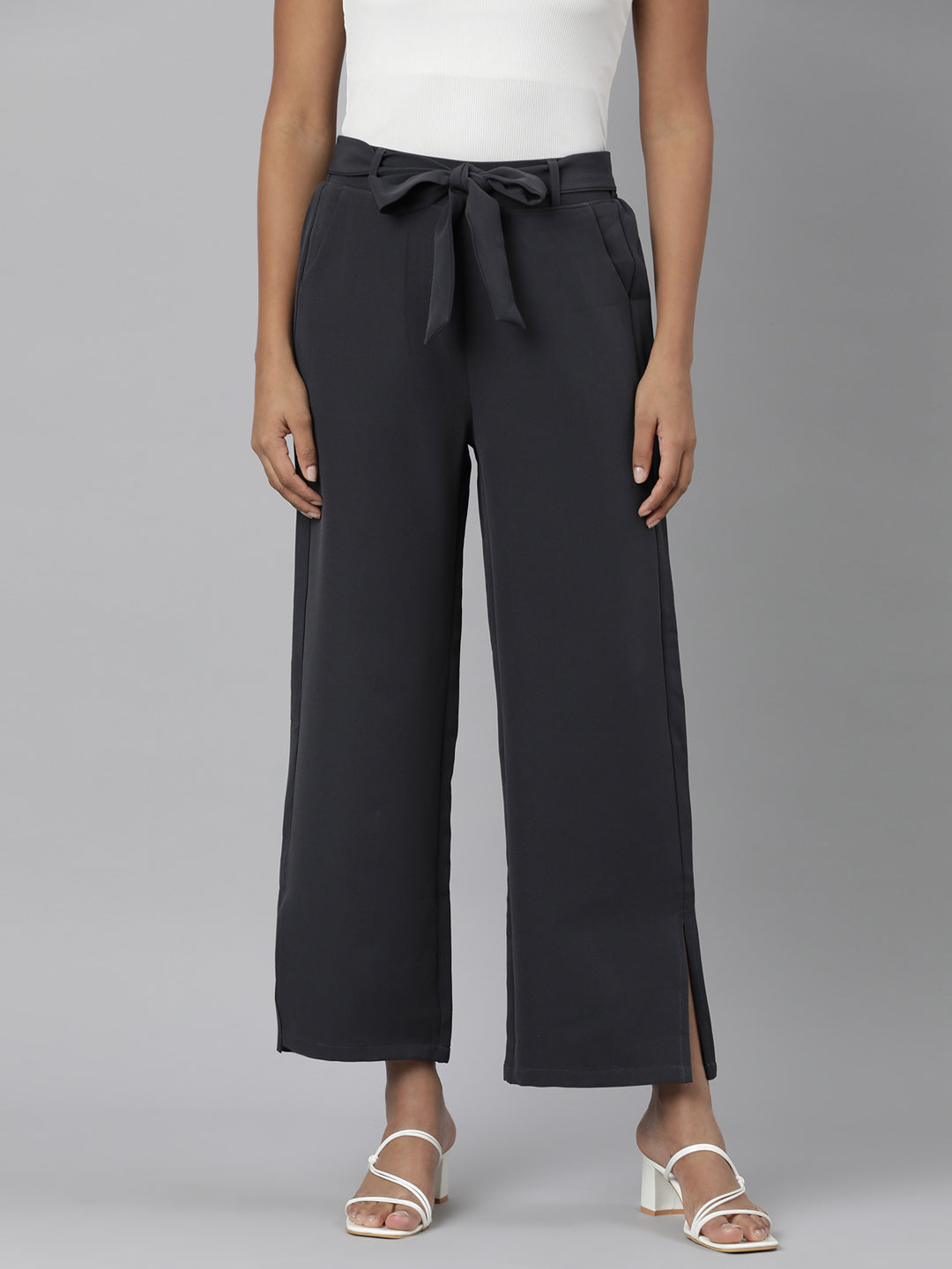 Women's Grey Relaxed Straight Fit Cotton Parallel Trousers