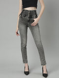 Women's Grey Jean Slim Fit Heavy Fade Mid-Rise Acid Wash Jeans
