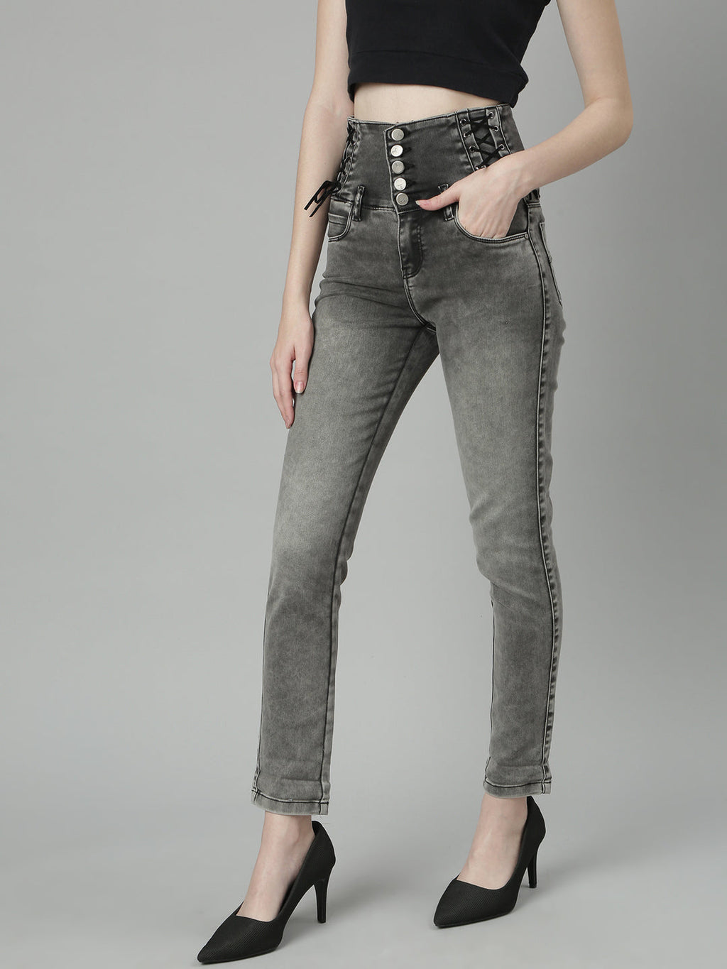 Women's Grey Jean Slim Fit Heavy Fade Mid-Rise Acid Wash Jeans