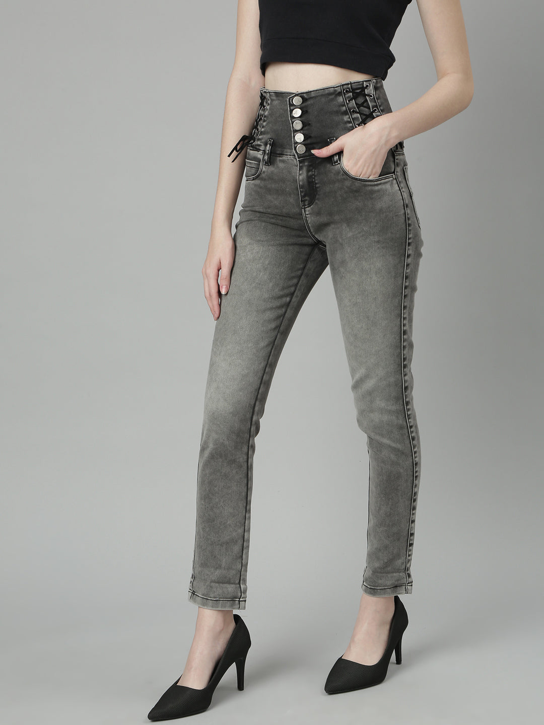 Women's Grey Jean Slim Fit Heavy Fade Mid-Rise Acid Wash Jeans