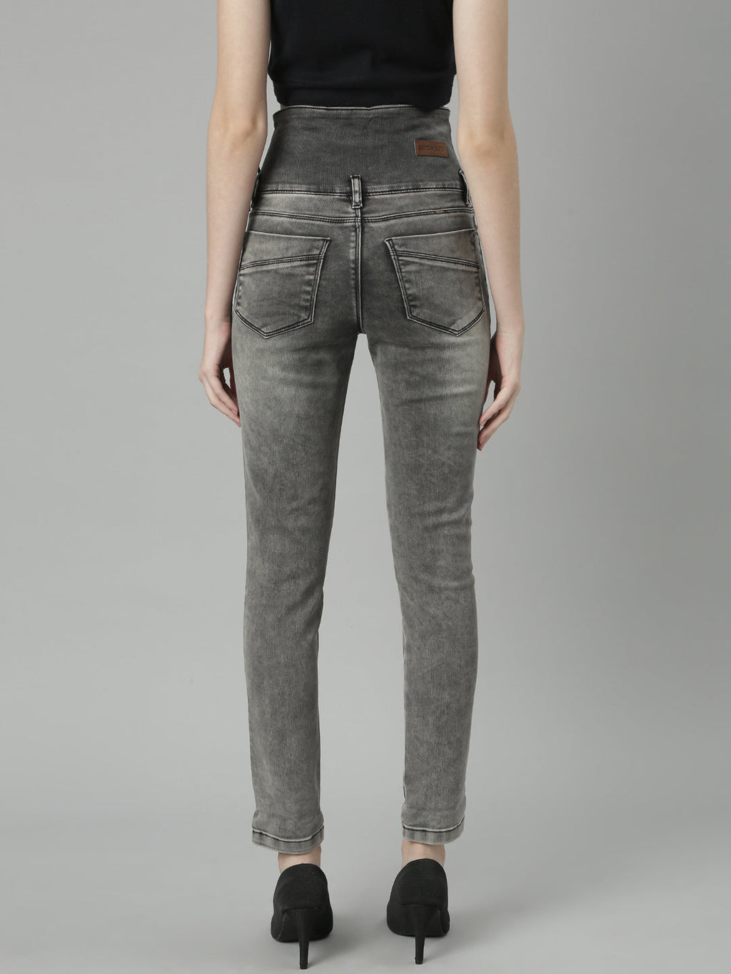 Women's Grey Jean Slim Fit Heavy Fade Mid-Rise Acid Wash Jeans