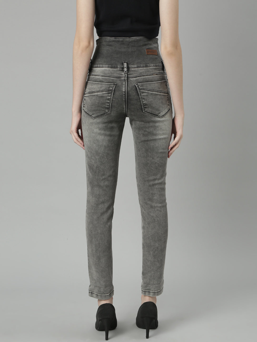 Women's Grey Jean Slim Fit Heavy Fade Mid-Rise Acid Wash Jeans