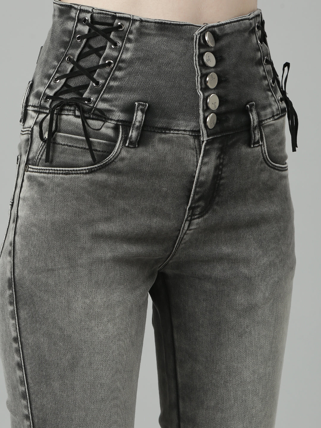 Women's Grey Jean Slim Fit Heavy Fade Mid-Rise Acid Wash Jeans