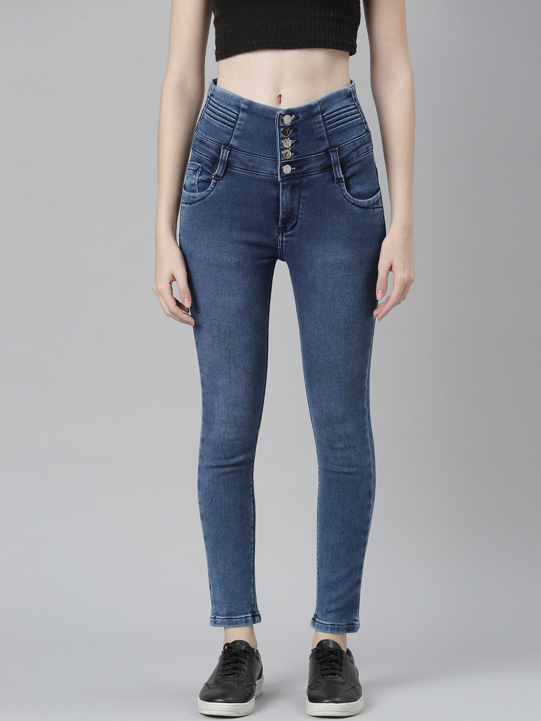 Women's Blue Jean Straight Fit Mid-Rise Acid Wash Stretchable Jeans