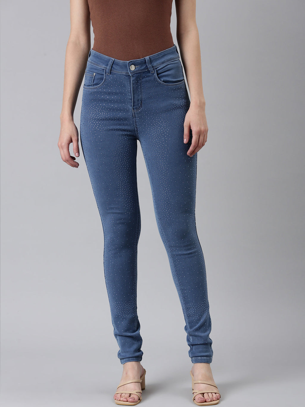 Women's Blue Jean Slim Fit Mid-Rise Embellished Denim Jeans