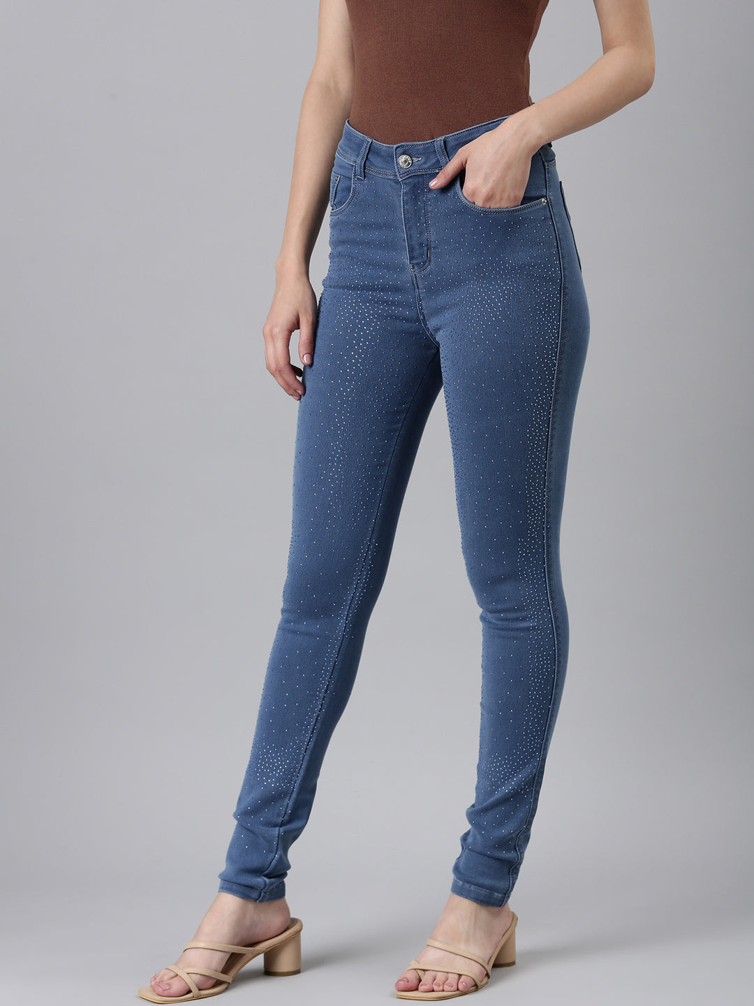 Women's Blue Jean Slim Fit Mid-Rise Embellished Denim Jeans