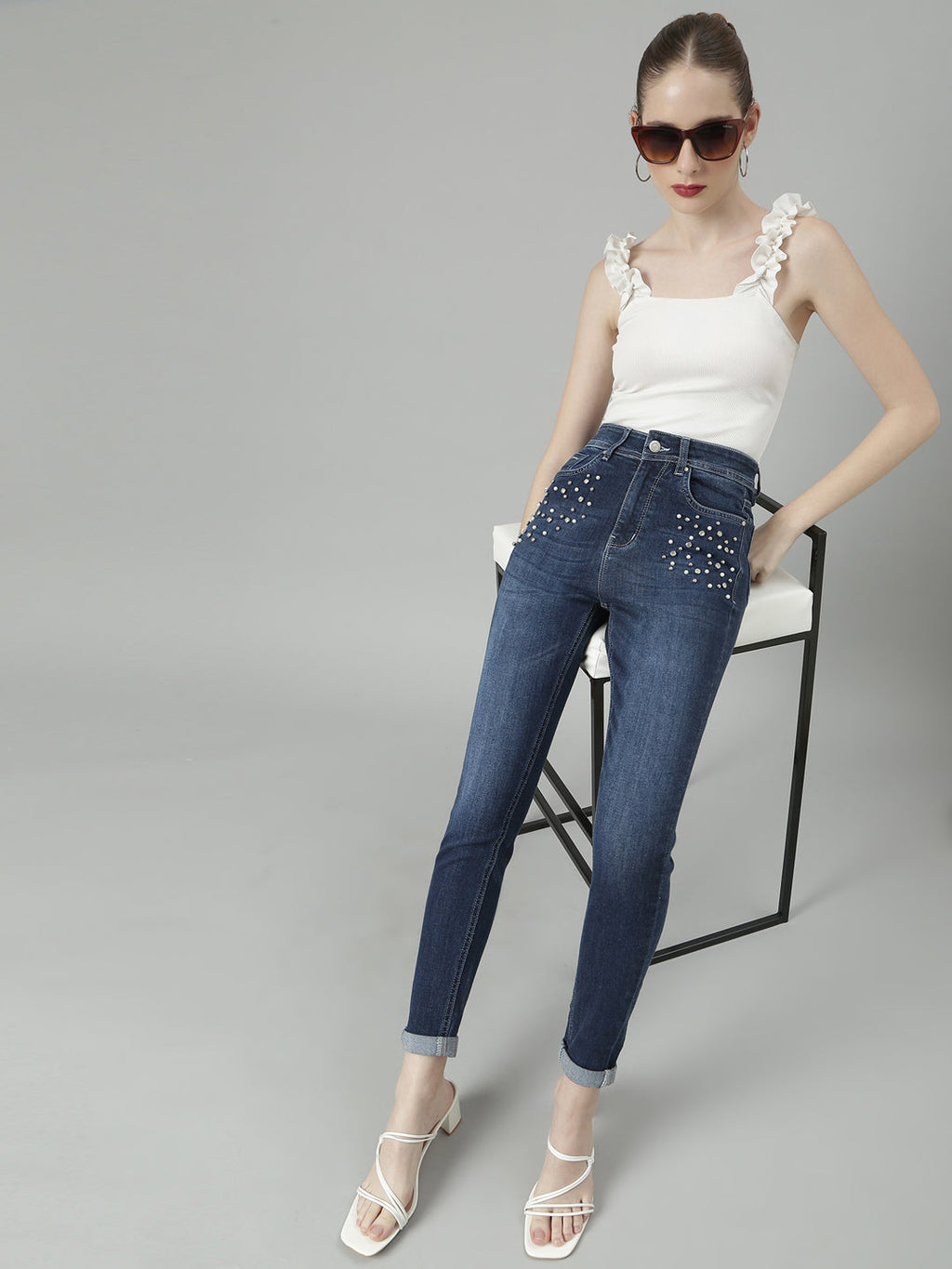 Women's Navy Blue Jean Slim Fit Light Fade Stretchable Jeans