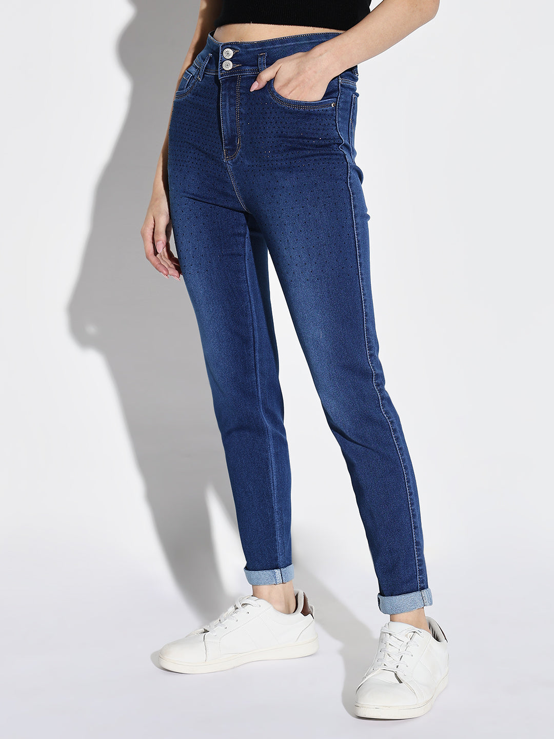 Women's Blue Cotton Comfort Slim Fit Light Fade Embellished Stretchable Jeans