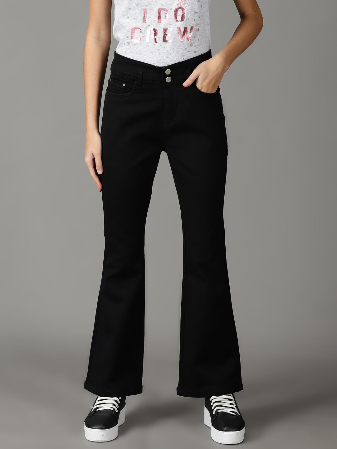 Women's Black Bootcut High-Rise Acid Wash Stretchable Jeans