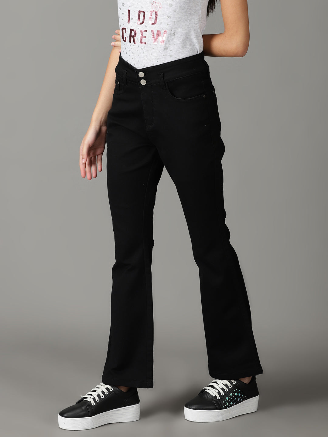 Women's Black Bootcut High-Rise Acid Wash Stretchable Jeans