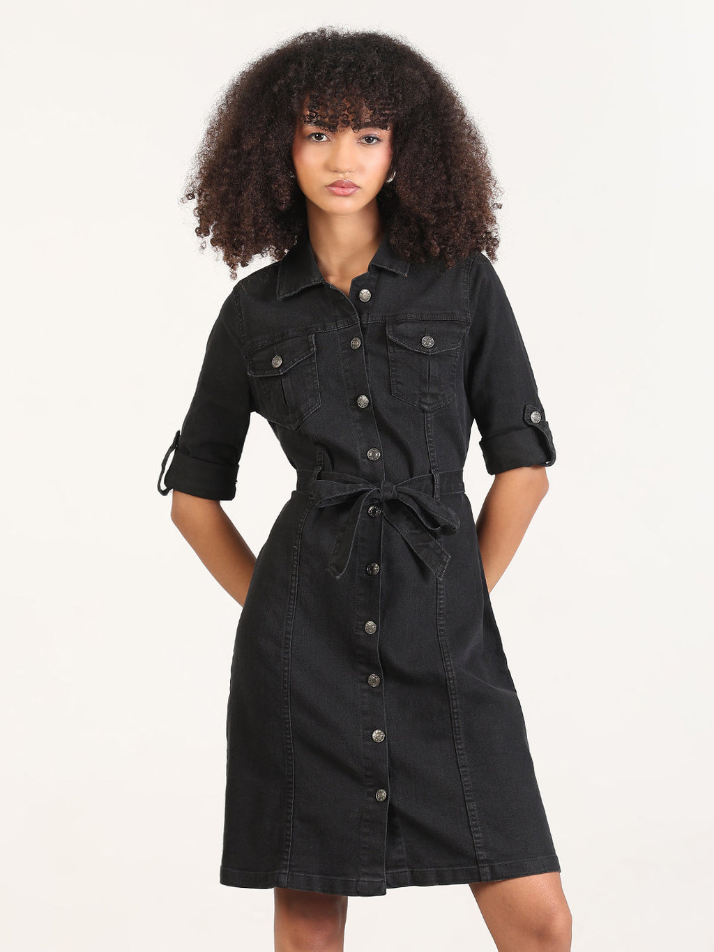 Women's Solid Black Shirt Knee Length Denim Dress with Fabric Belt