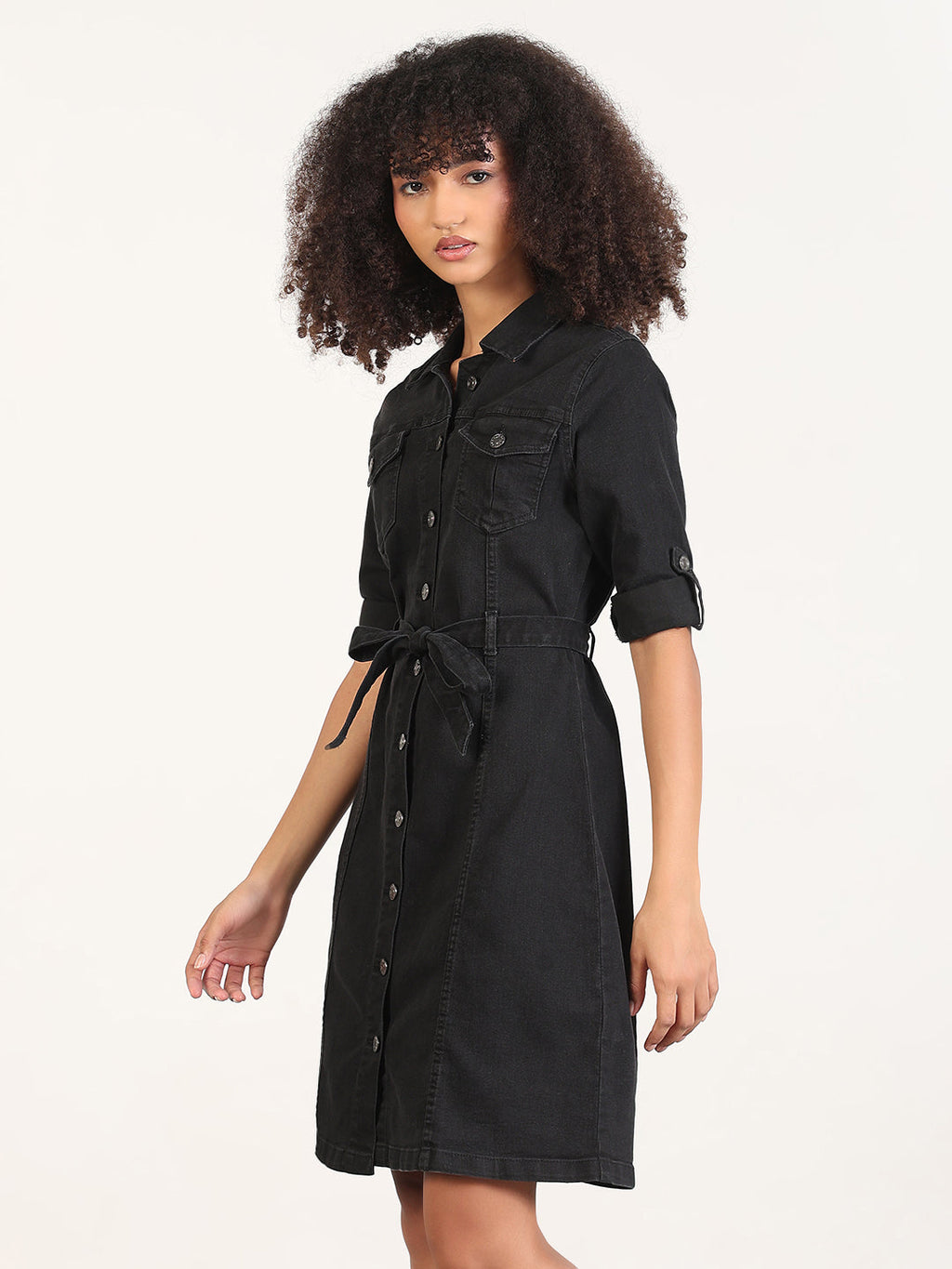 Women's Solid Black Shirt Knee Length Denim Dress with Fabric Belt