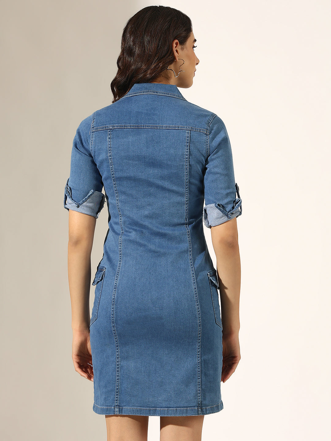 Women's Blue Denim Button-Down Shirt Collar Dress